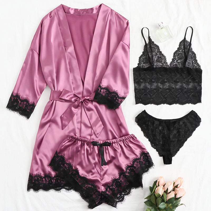 Ensemble quatre pièces de chemise de nuit à bretelles en satin et dentelle