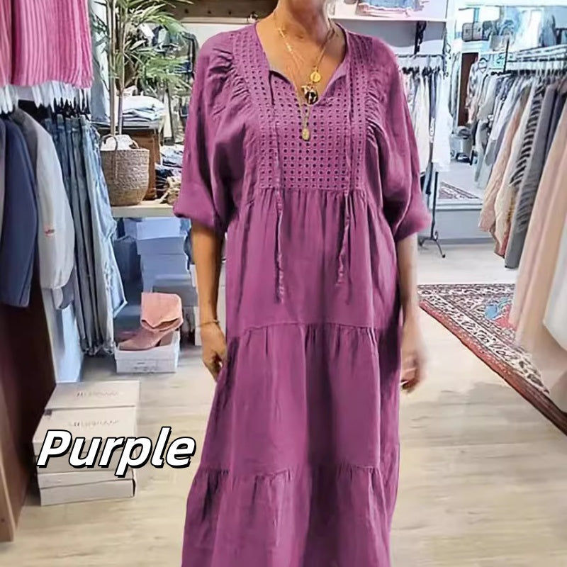🌷Limited Time 58% OFF💞Women’s Tiered V-Neck Solid Half-Sleeve Long Dress