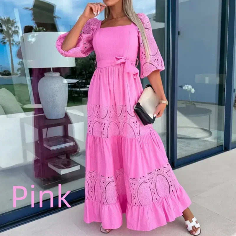 🔥2024 HOT SALE🔥💕Women’s Trendy Patchwork Tie Waist Square Neck Long Dress
