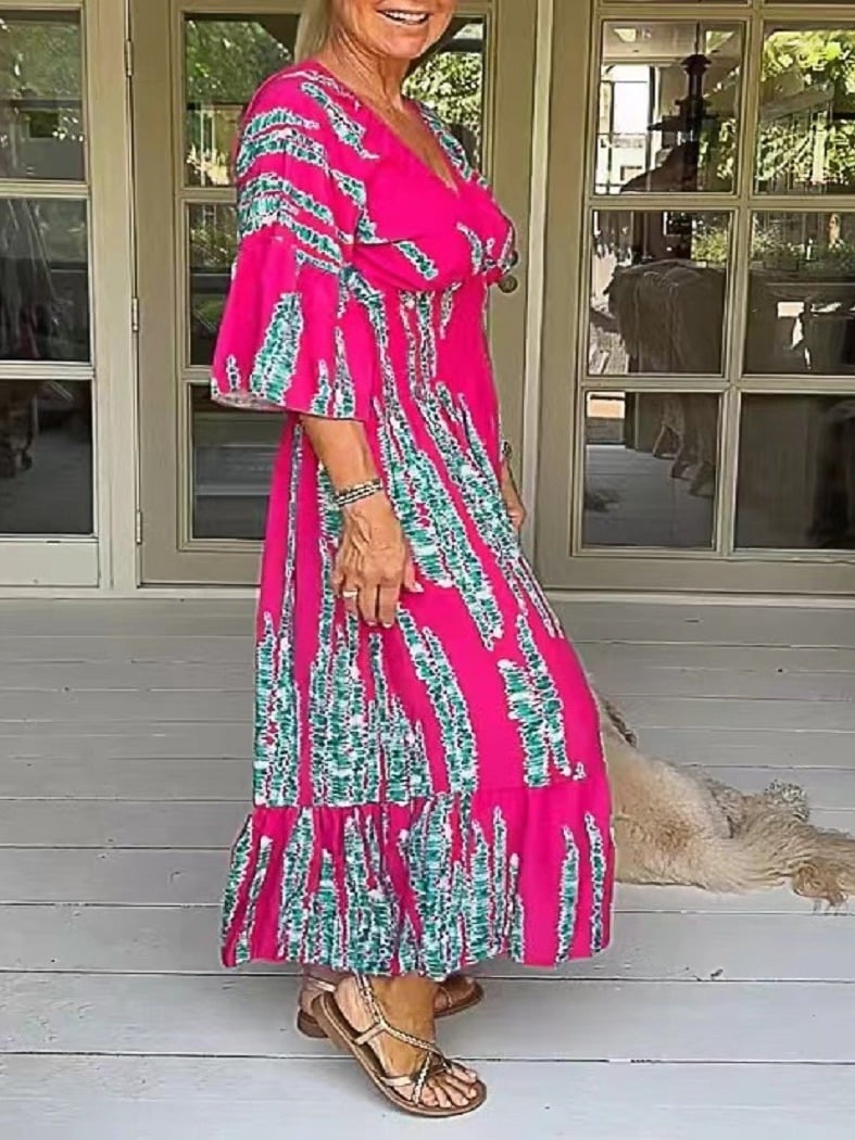 🌷Limited time offer 47% OFF🎁Casual Print V-Neck Waist Wrap Long Dress
