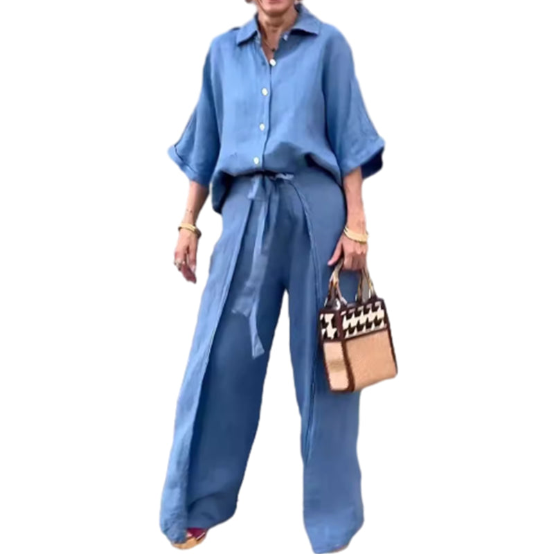 🔥HOT SALE-53% OFF💝Solid Color Lapel Top Drawstring Pants 2-Piece Set