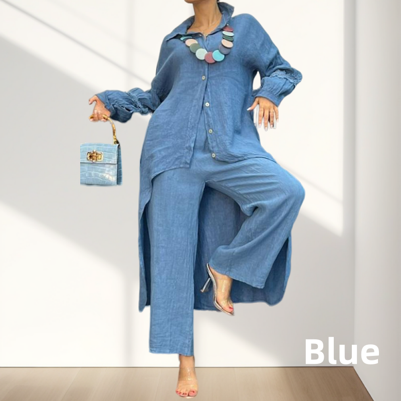 Tenue deux pièces tendance de couleur unie pour femmes, chemise à manches longues & pantalon