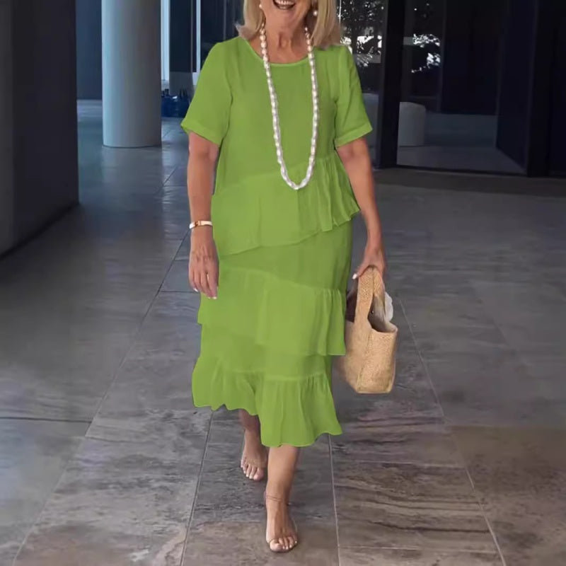 🔥¡Gran oferta!🔥Vestido liso de mujer con cuello redondo y volantes plisados