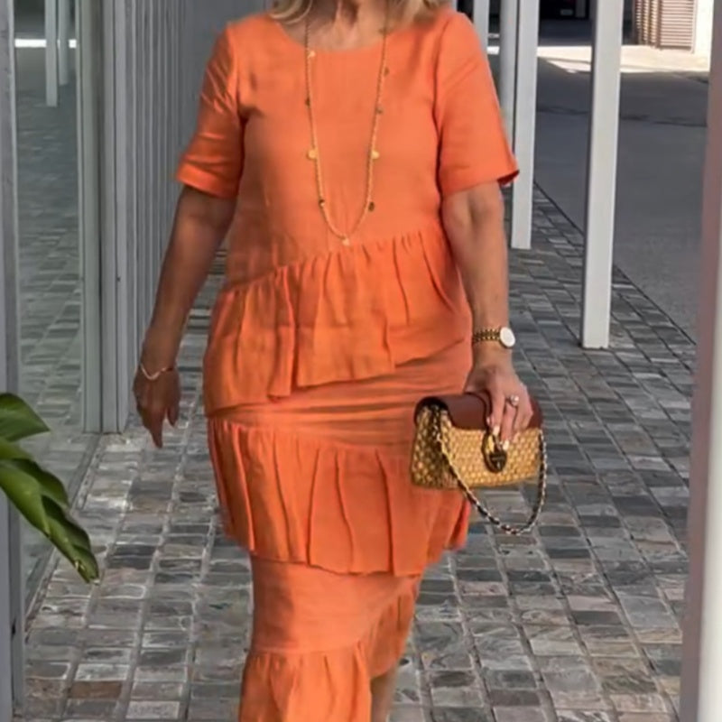 🔥HOT Sale🔥Women's Pleated Tiered Round Neck Solid Dress