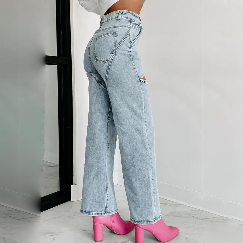 🔥Autumn new style 60% OFF🔥Women’s Rhinestone Ripped Straight-leg Jeans