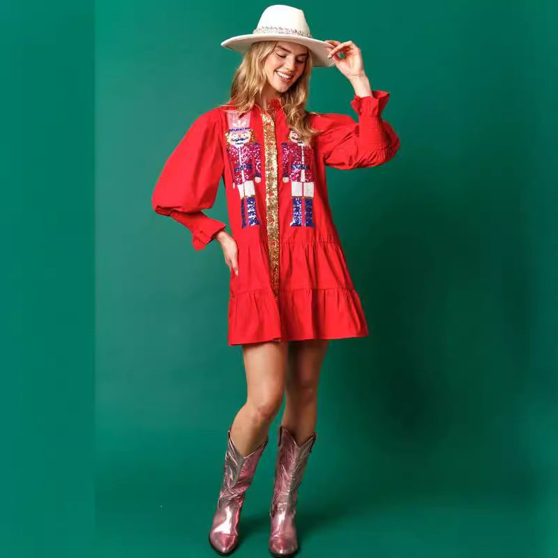 đ„HOT Saleđ„Nutcracker Sequined Button-Down Long Sleeve Mini Dress