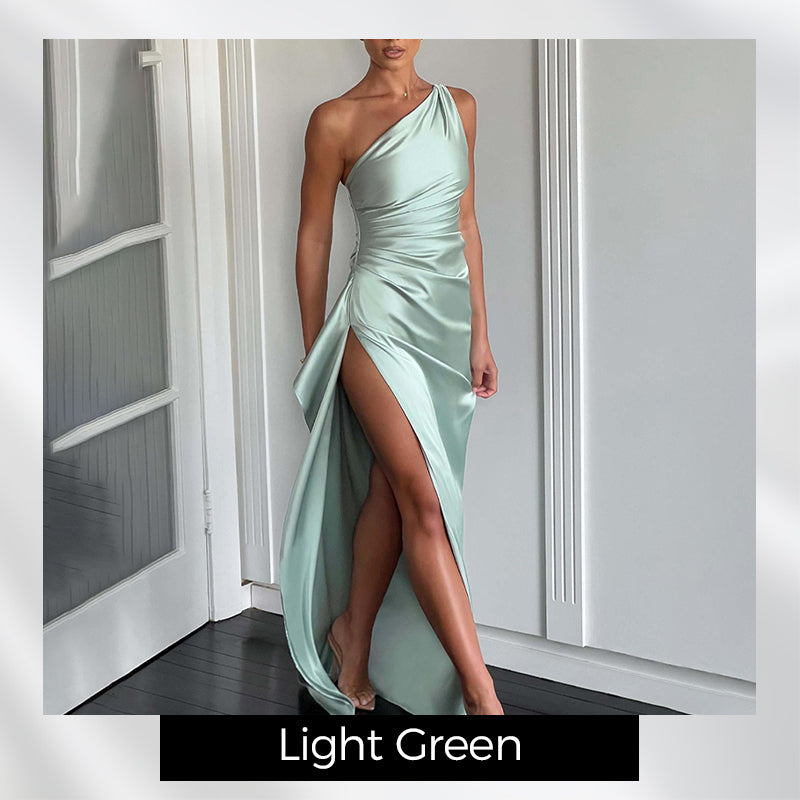 Satin One Shoulder Drape Slit Maxi Dress