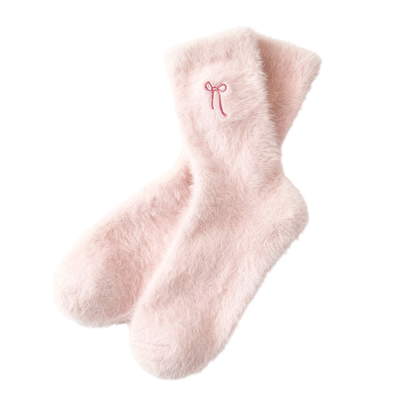 3Pairs Women's Plush Mink Socks with Bow Embroidery