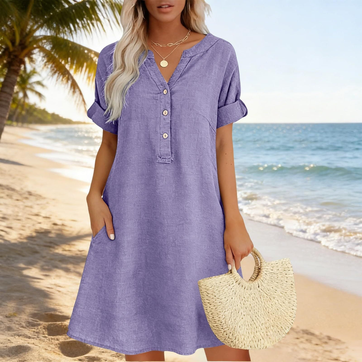 🏖️50% RABAT!👗Dame tunikakjole med V-hals – Afslappet pasform, lommer & Åndbar