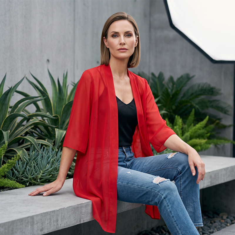 Dame letvægts chiffon cardigan med åben front