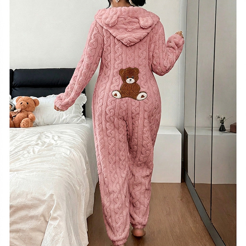 💖Black Friday Mega Deal – 50% off!💖🐻 Playful Comfort | Women's Bear-Embroidered Cable-Knit Hooded Loungewear