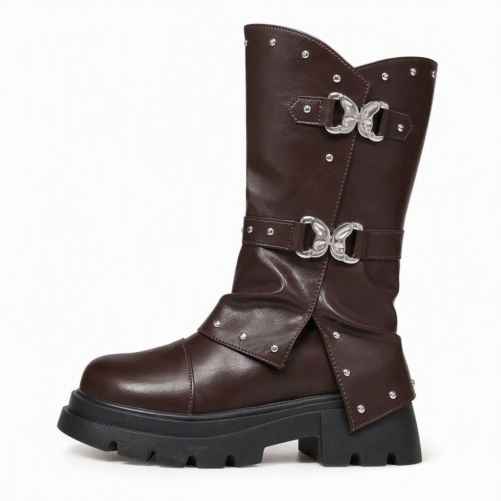 🤎Women's Platform Mid Block Heel Ankle Boots with Round Toe Stitching Fold-Over Cuff and Buckle Strap
