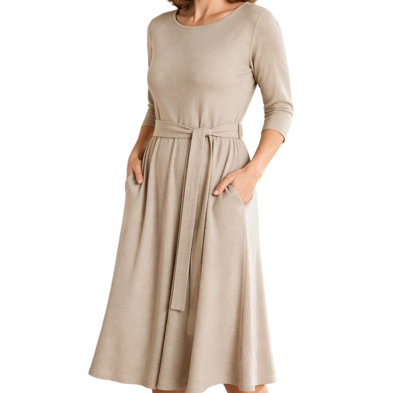 🍂Women's Crew Neck Ribbed Knit A-Line Midi Dress with 3/4 Sleeves and Pockets