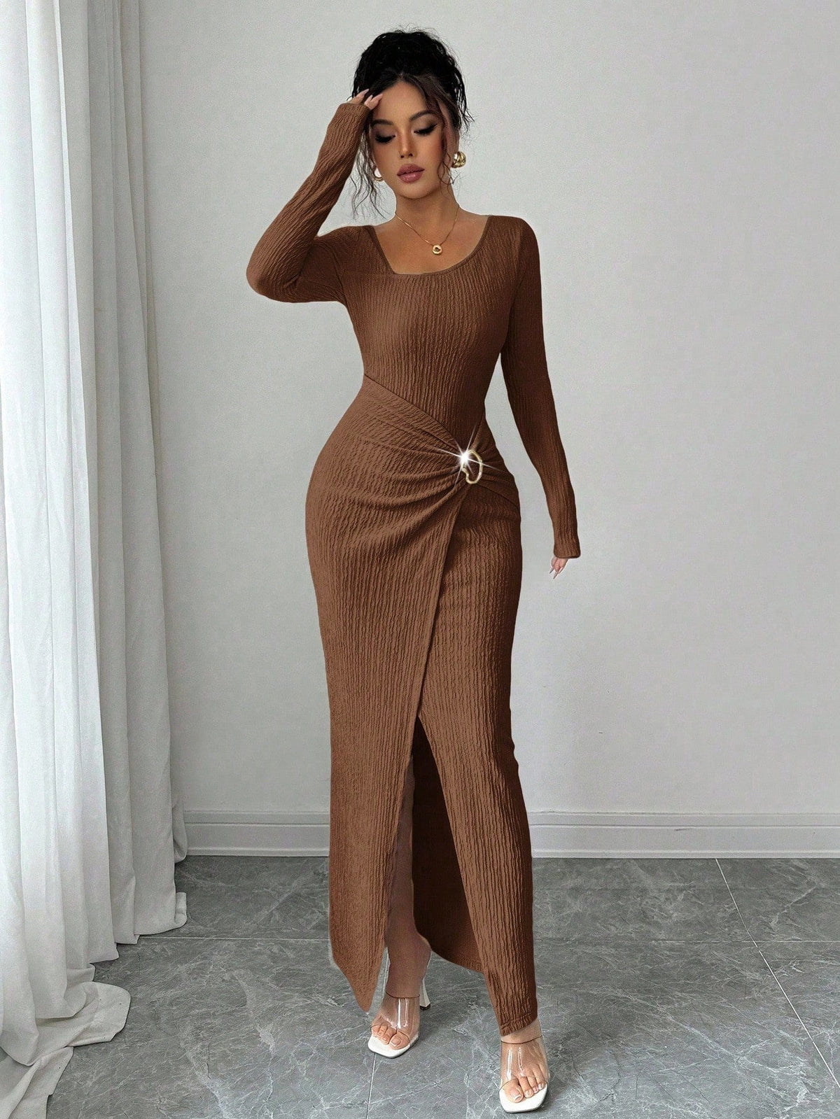 💃 Elegant Women's Long Sleeve Knit Dress 🍷 Figure-Flattering Irregular Neck Design
