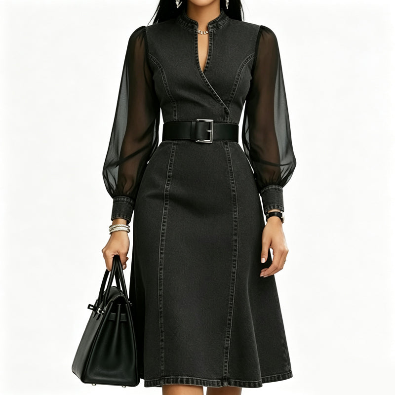 💖Black Friday Mega Deal – 50% off!💖 👗 Cinched Waist, Sheer Sleeve Detail | Women's Slimming Denim Dress
