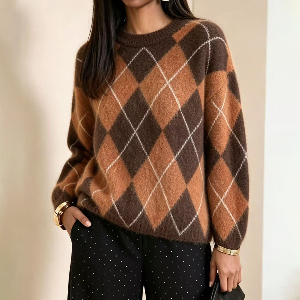 🤎Women's Retro Argyle Cozy Knit Sweater