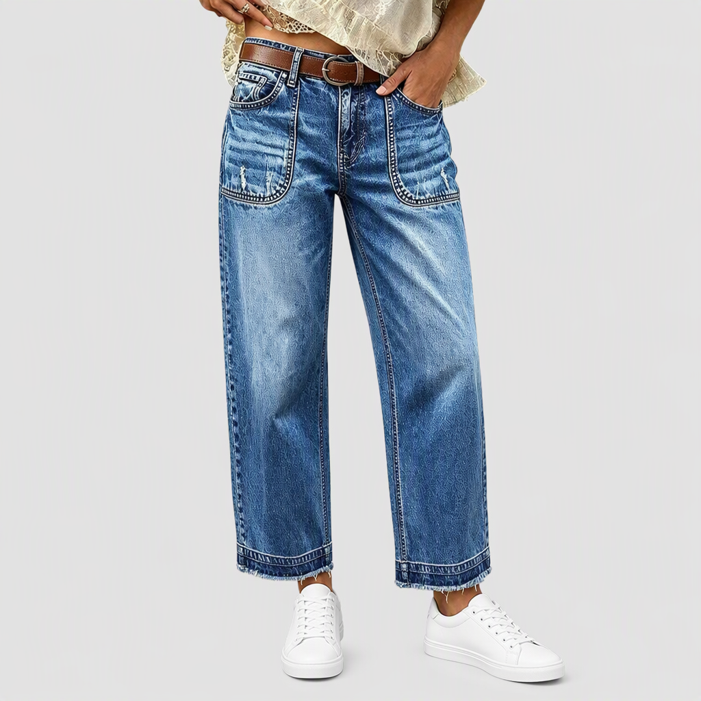 💖Black Friday Mega Deal – 50% off!💖Women's Vintage Stretchy Straight Leg Denim Jeans with Distressed Patch Pockets and Frayed Raw Hem