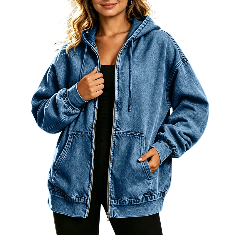 🖤Black Friday Sale:50% OFF🖤💧 Women's Loose Zip-Up Hooded Denim Jacket