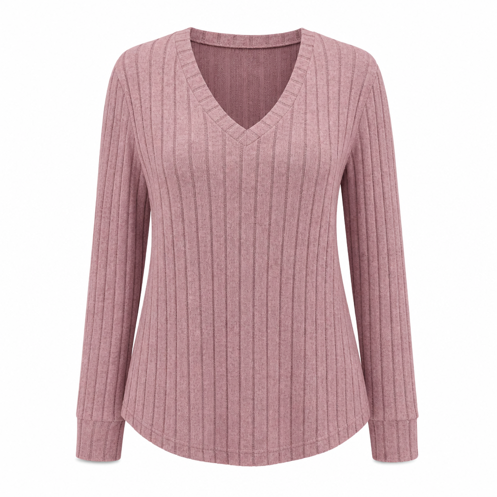 💖Black Friday Mega Deal – 50% off!💖 Women's Plus Size V Neck Long Sleeve Ribbed Brushed T-Shirt Loose Fit Solid Color Pullover Top