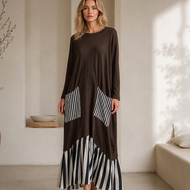 ✨Women's Striped Patchwork Long Sleeve Maxi Dress