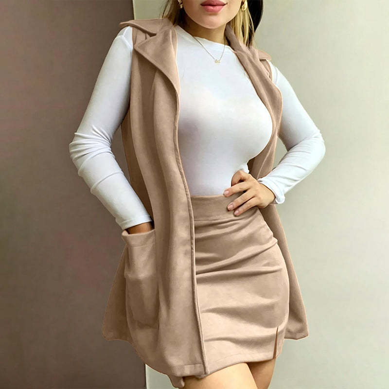 🧥 Polished Layered Look, Leg-Elongating Proportion | Women's Lapel Open Front Long Vest and Mini Skirt Set