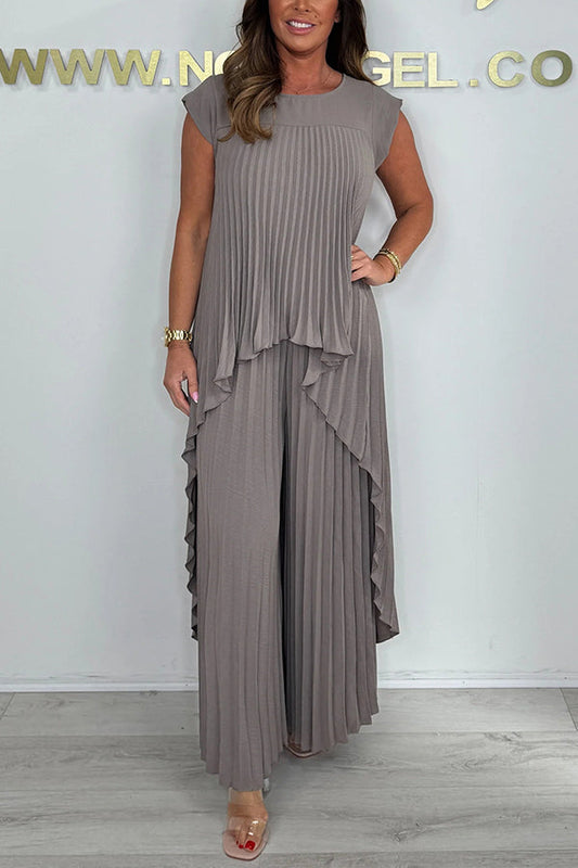 💖LAST DAY SALE 50% OFF💖Laney Pleated Short Sleeve Irregular Midi Top and Elastic Waist Wide Leg Pants Set✨