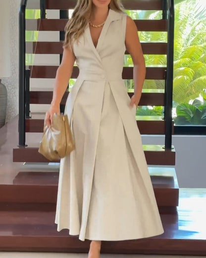 🔥Hot Sale 33% off💃Sleeveless Solid Color Lapel Midi Dresses✈️Buy 2 free shipping
