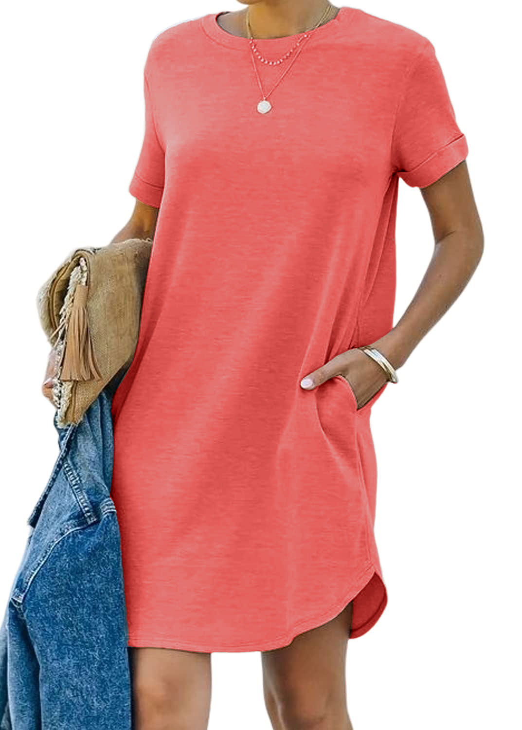 🌈2024 Women's Casual Short Sleeve T Shirt Dress Basic Dresses with Pockets