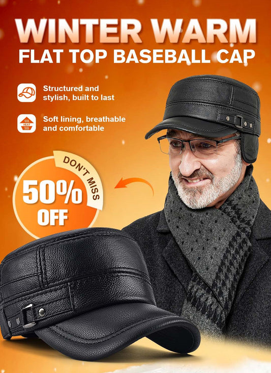 🔥Give the elders a warm winter🍃PU Leather Flat Top Warm Baseball Cap