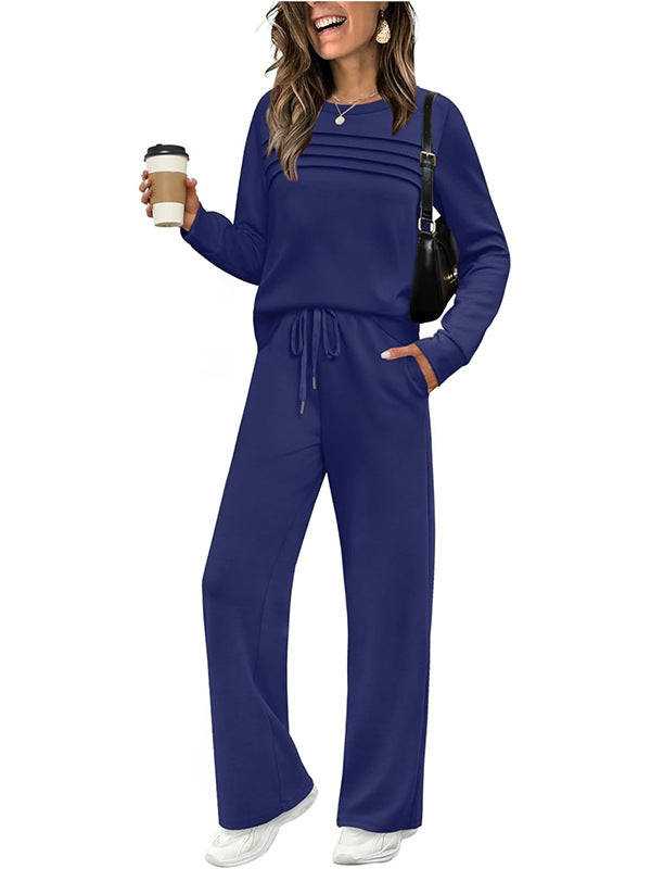 Crew Neck Drawstring 2‑Piece Loungewear Set 👚 Soft Matching Top & Pants