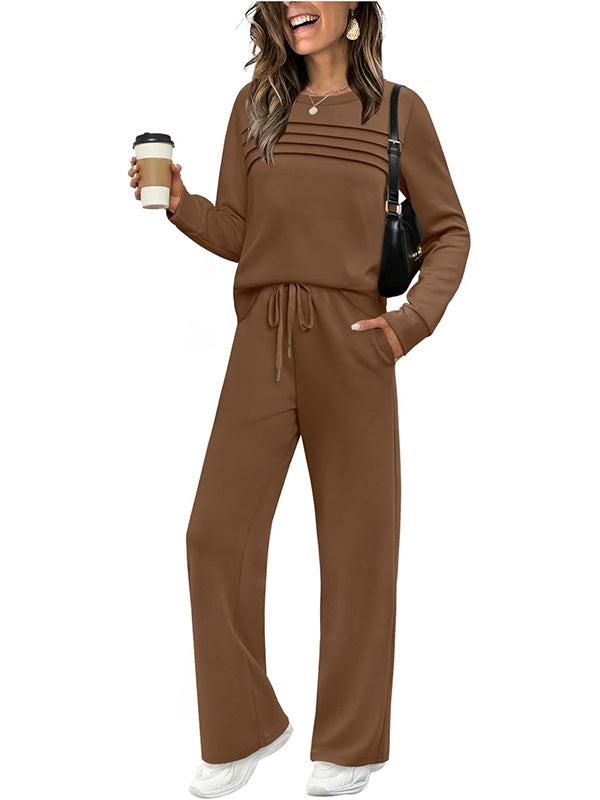Crew Neck Drawstring 2‑Piece Loungewear Set 👚 Soft Matching Top & Pants