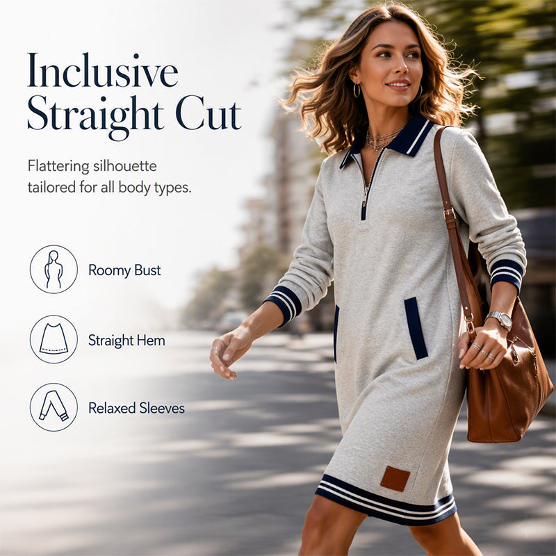 ✨ Striped Detail, Easy Quarter-Zip Style | Women's Collared Pocket Dress