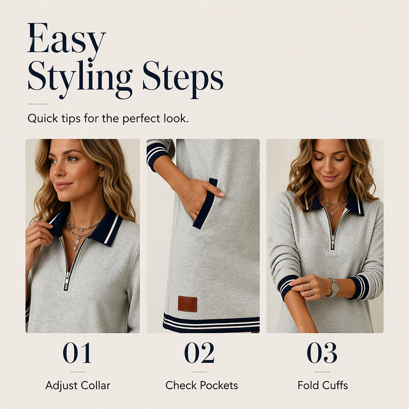 ✨ Striped Detail, Easy Quarter-Zip Style | Women's Collared Pocket Dress