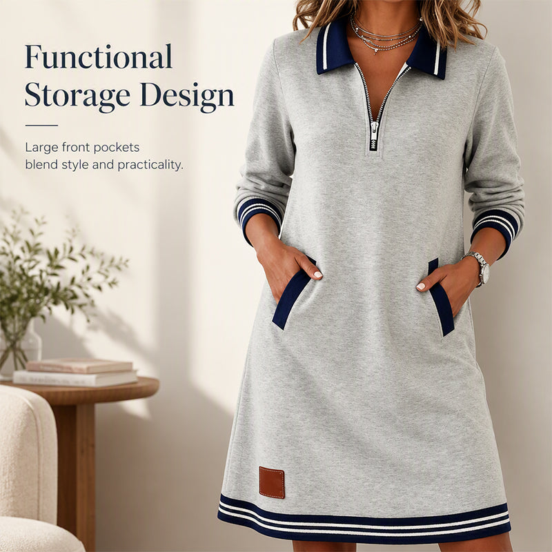 ✨ Striped Detail, Easy Quarter-Zip Style | Women's Collared Pocket Dress