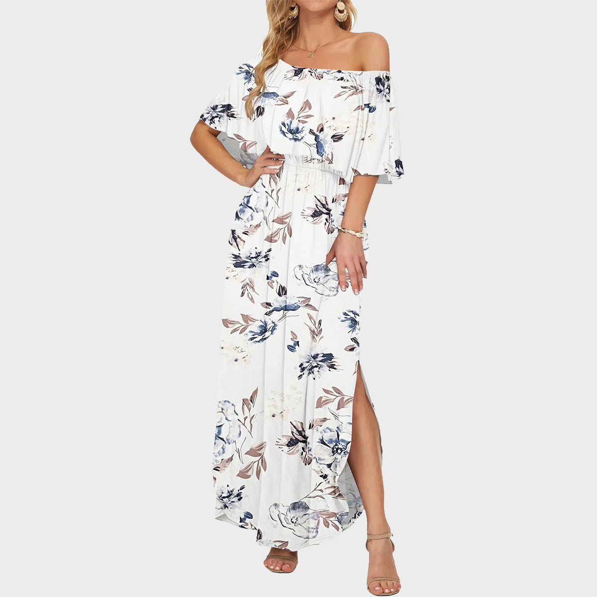 👗Women's Off-Shoulder Ruffled Side-Slit Maxi Dress with Pockets