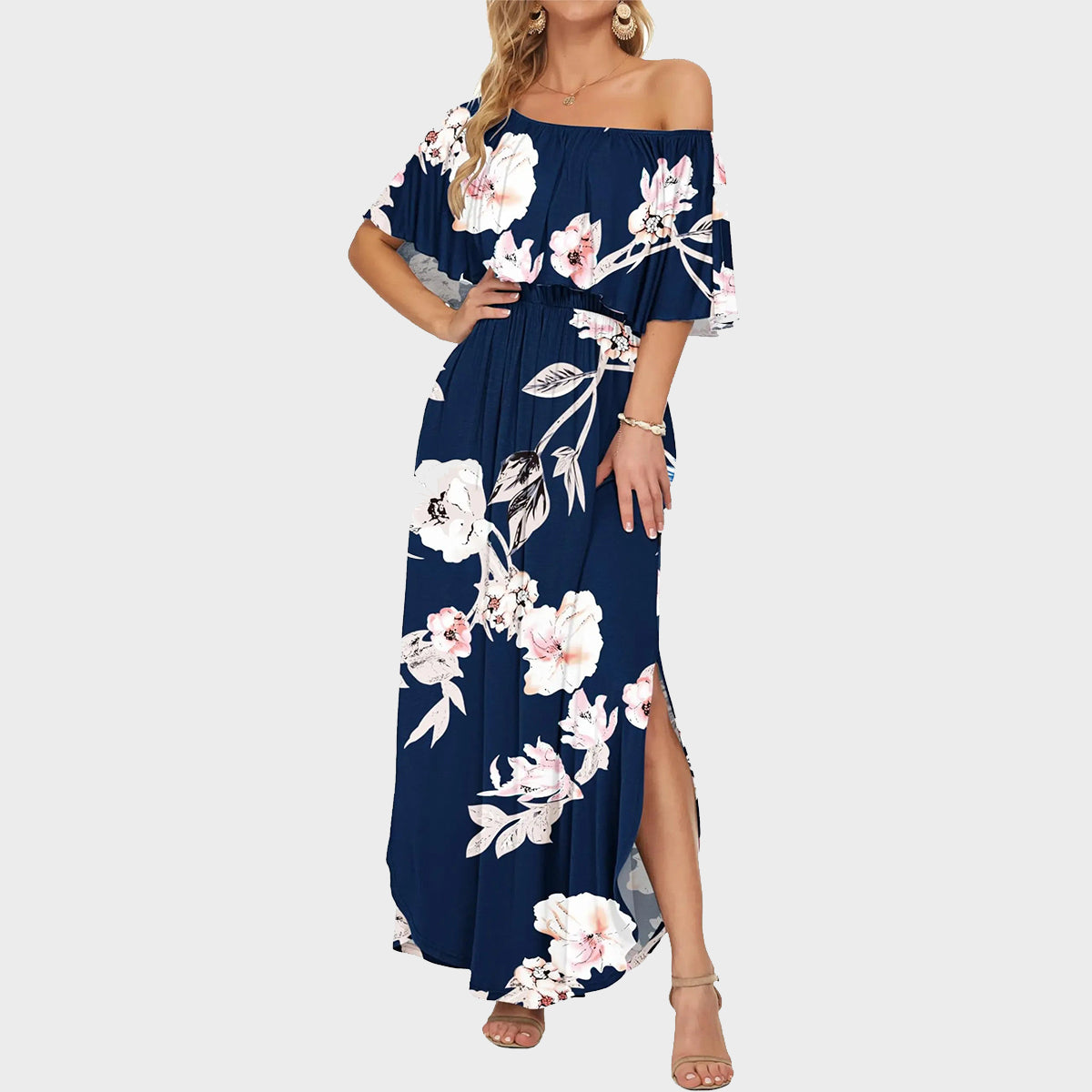 👗Women's Off-Shoulder Ruffled Side-Slit Maxi Dress with Pockets