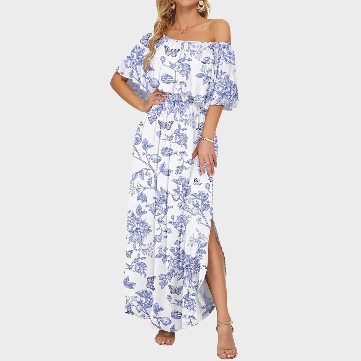 👗Women's Off-Shoulder Ruffled Side-Slit Maxi Dress with Pockets