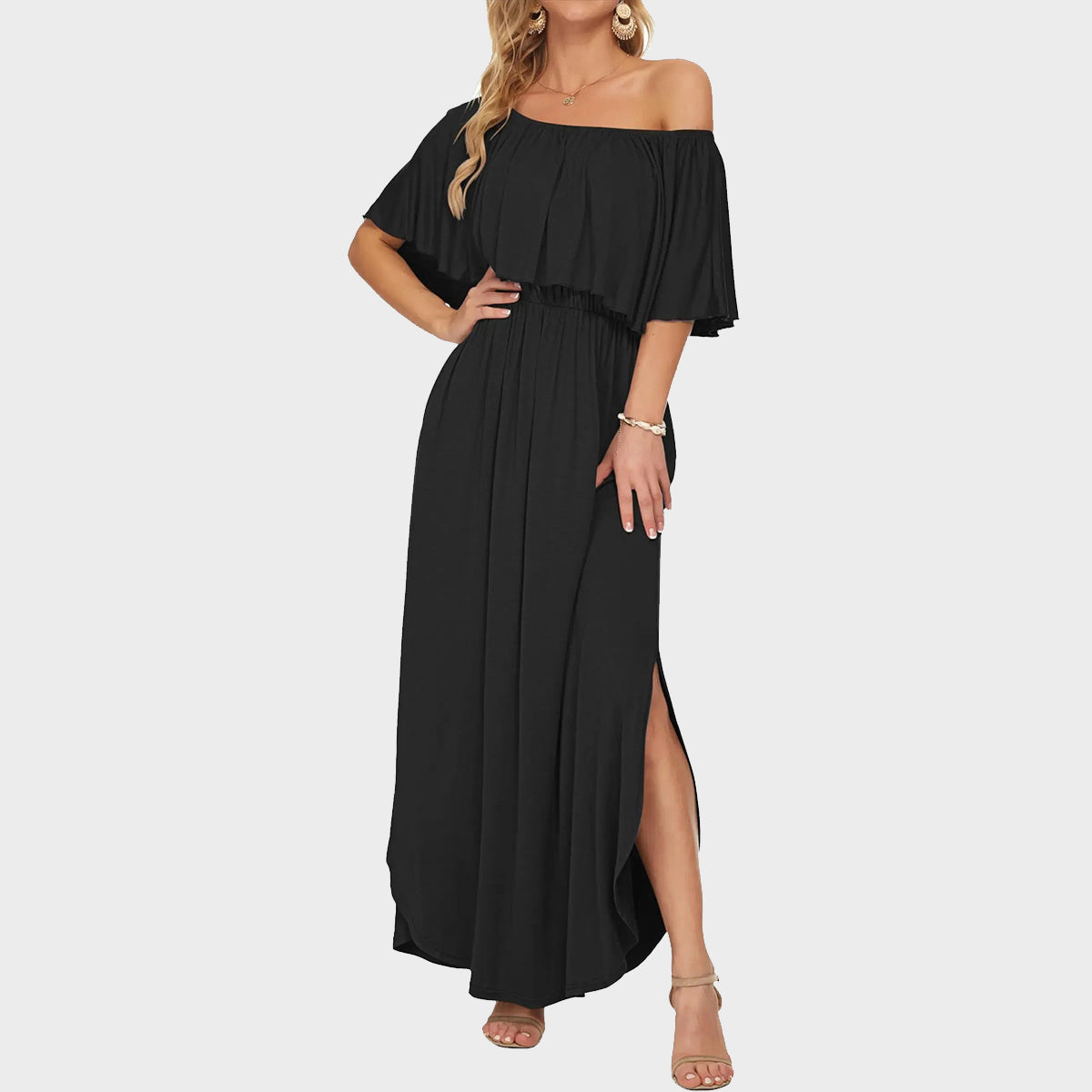 👗Women's Off-Shoulder Ruffled Side-Slit Maxi Dress with Pockets