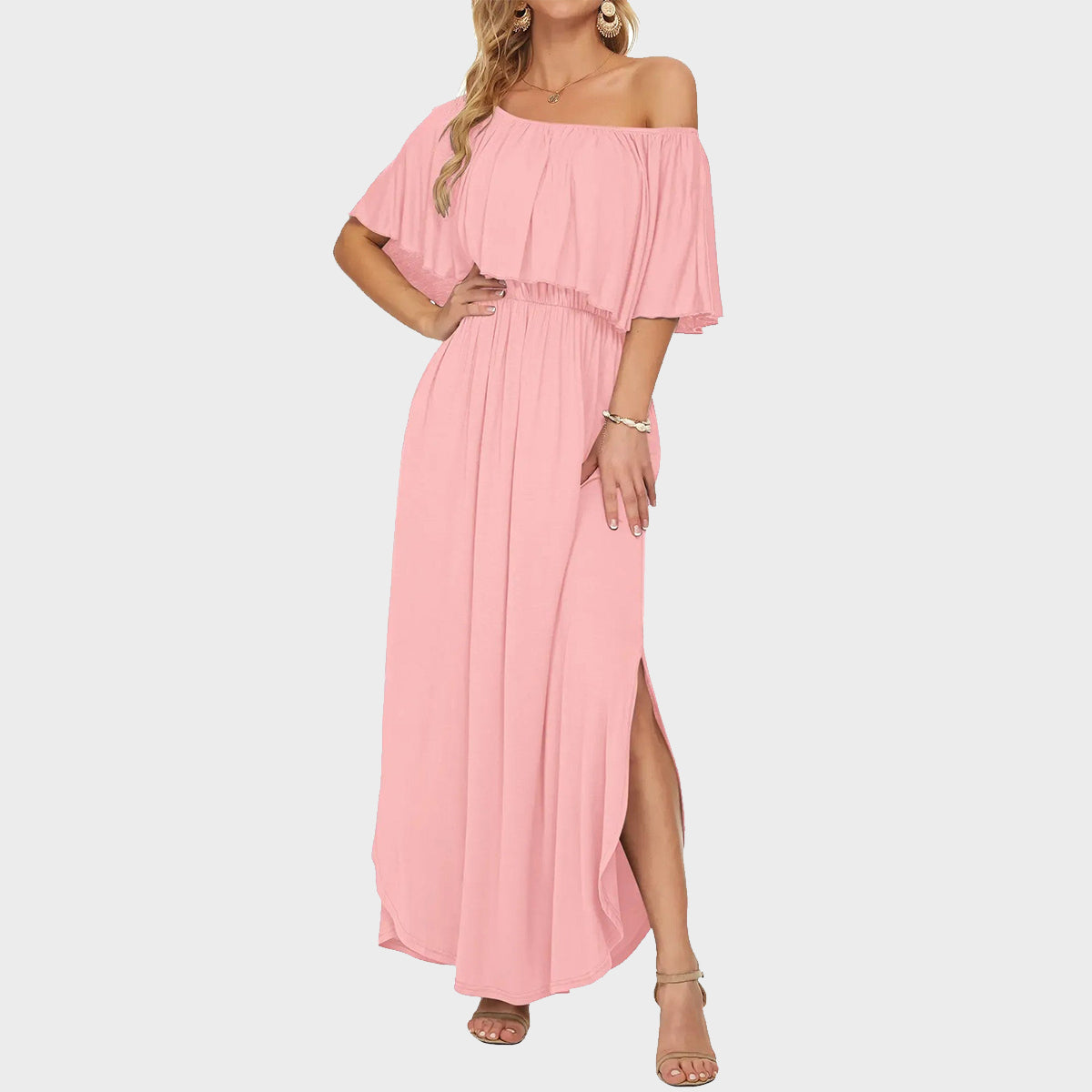 👗Women's Off-Shoulder Ruffled Side-Slit Maxi Dress with Pockets