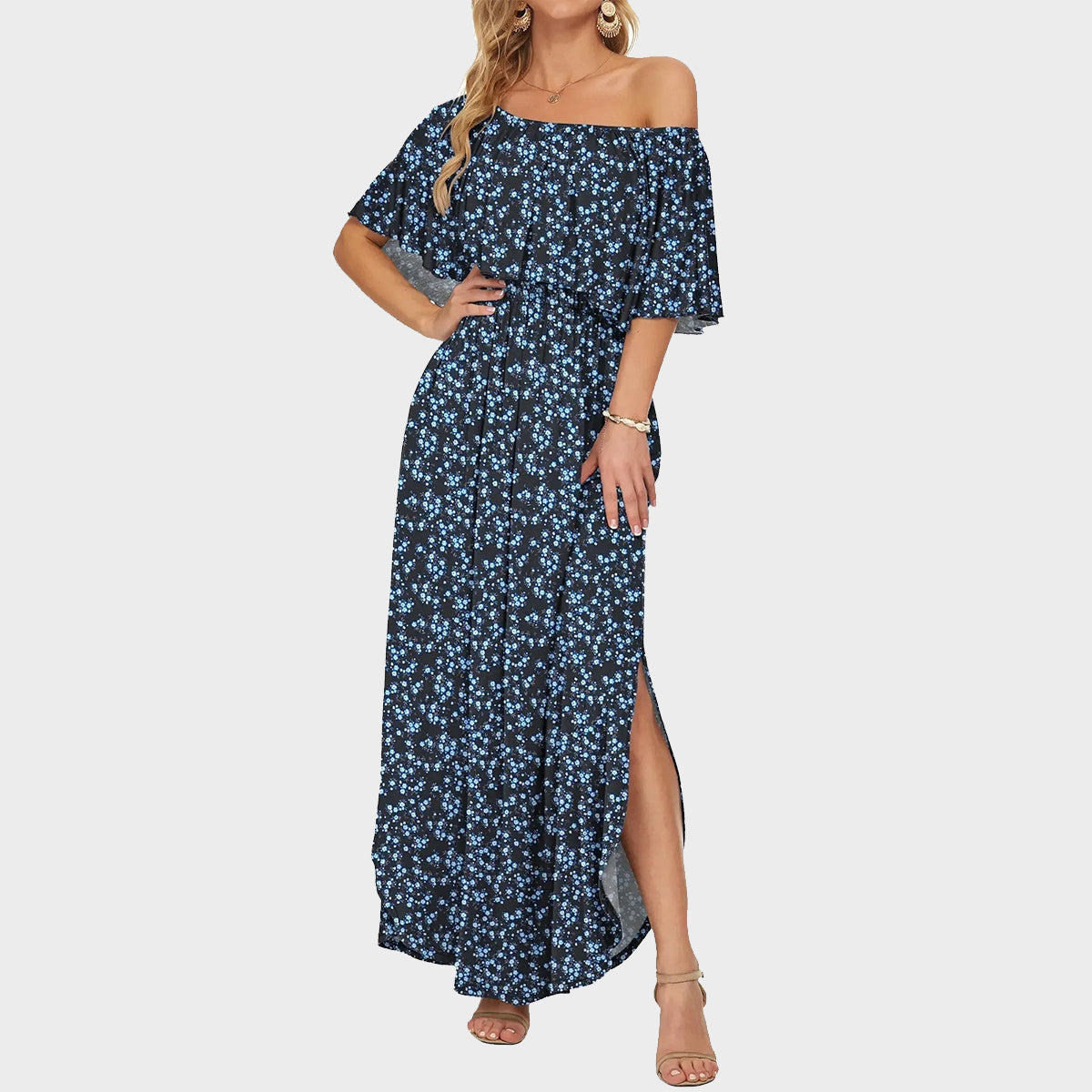 👗Women's Off-Shoulder Ruffled Side-Slit Maxi Dress with Pockets