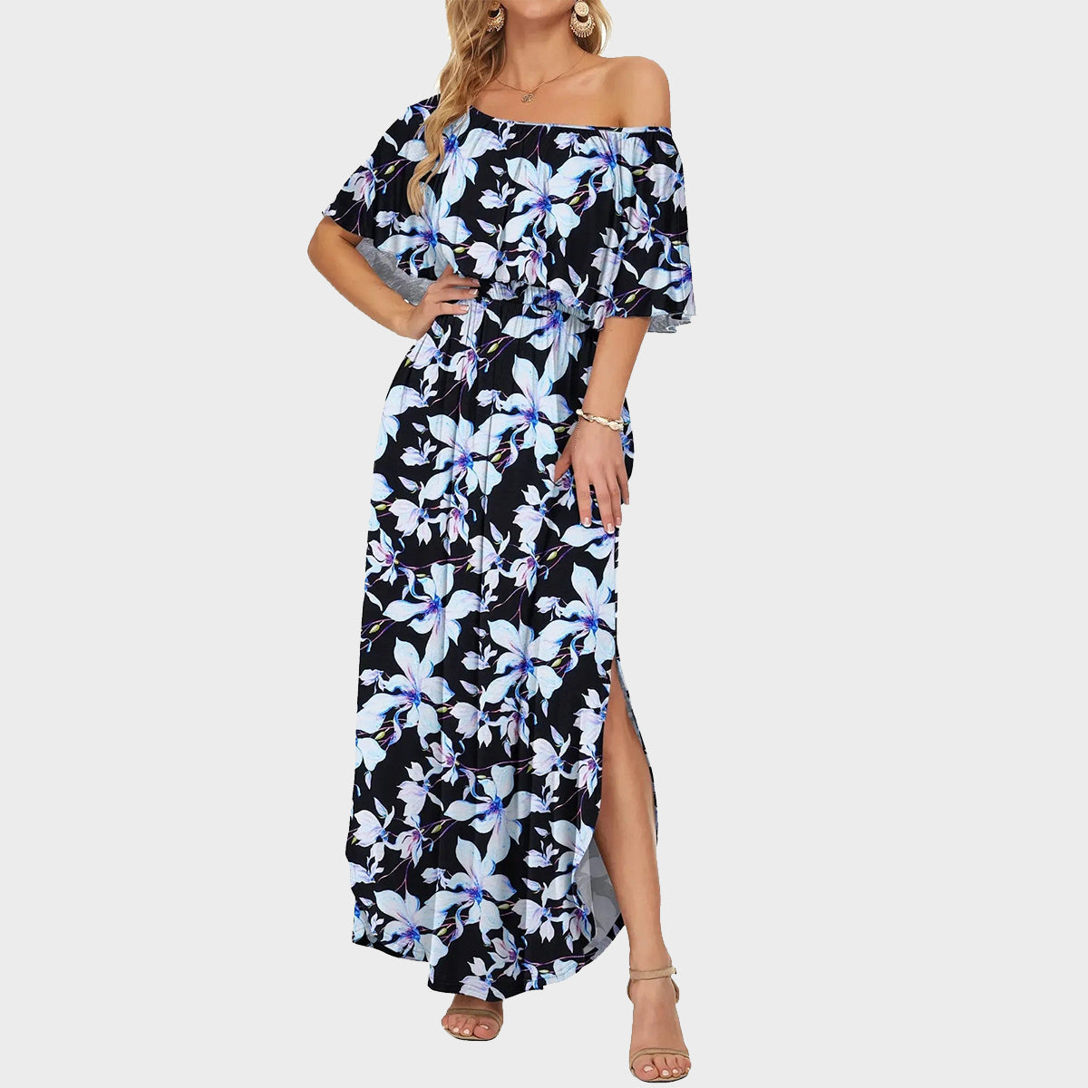 👗Women's Off-Shoulder Ruffled Side-Slit Maxi Dress with Pockets