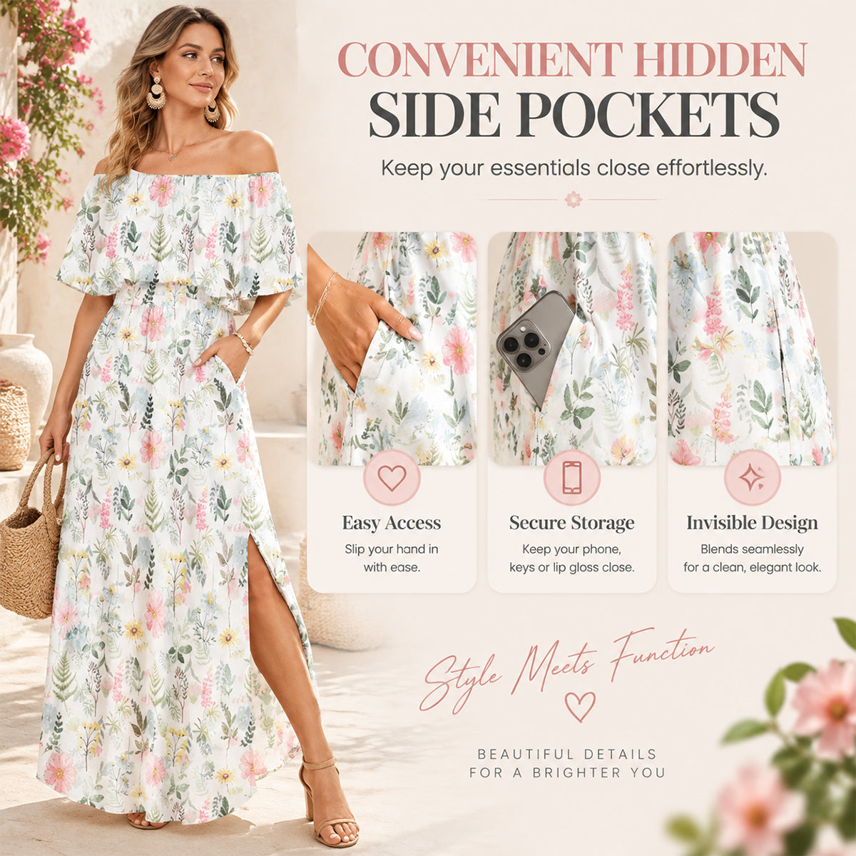 👗Women's Off-Shoulder Ruffled Side-Slit Maxi Dress with Pockets
