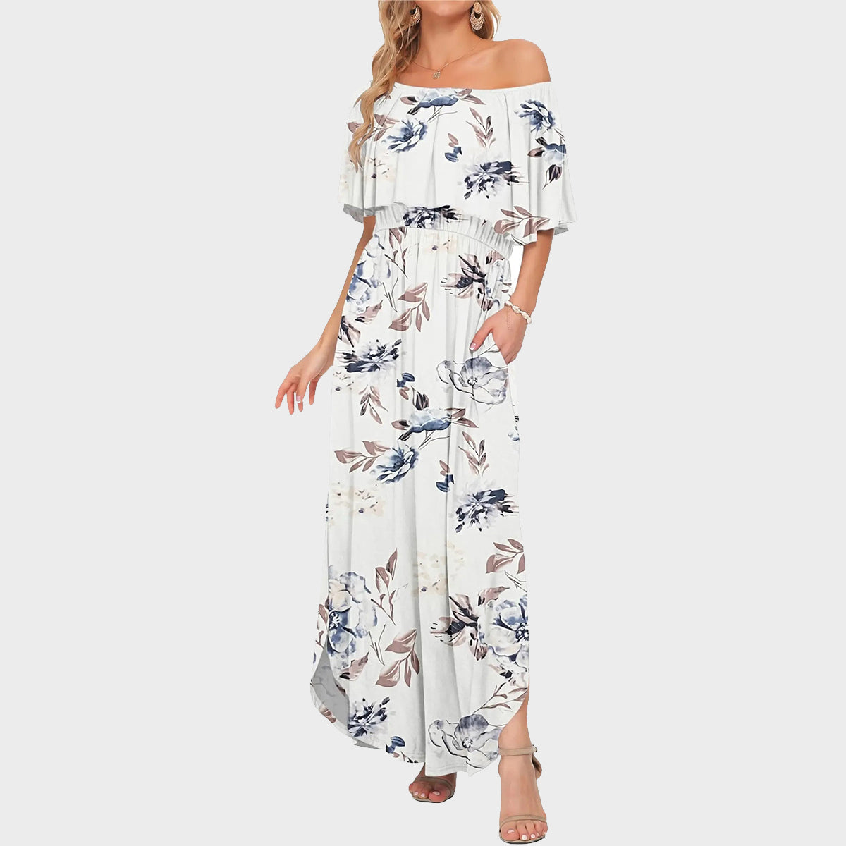 👗Women's Off-Shoulder Ruffled Side-Slit Maxi Dress with Pockets