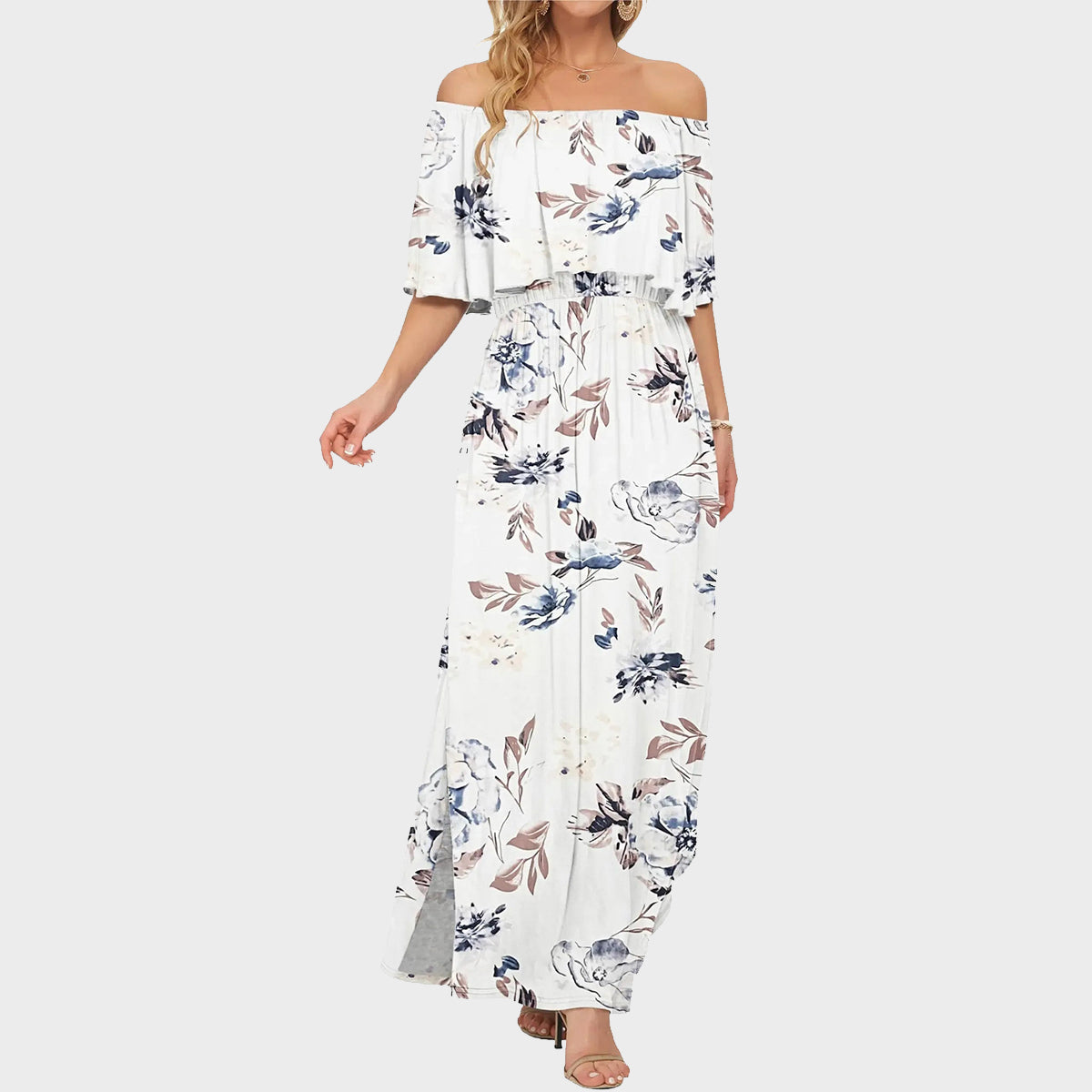 👗Women's Off-Shoulder Ruffled Side-Slit Maxi Dress with Pockets