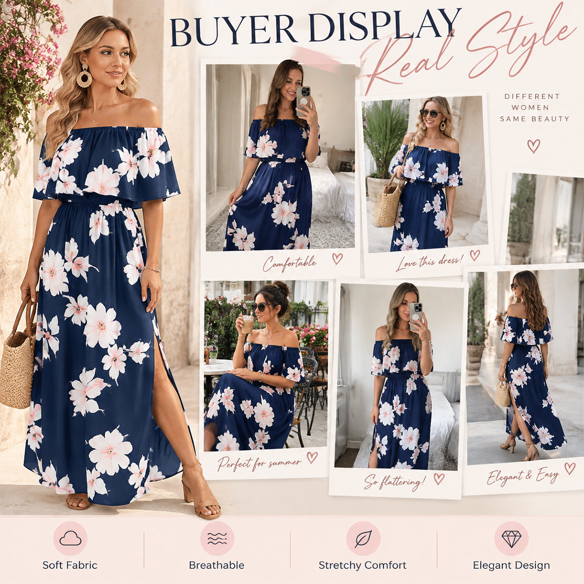 👗Women's Off-Shoulder Ruffled Side-Slit Maxi Dress with Pockets