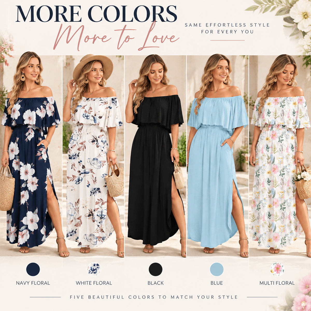 👗Women's Off-Shoulder Ruffled Side-Slit Maxi Dress with Pockets