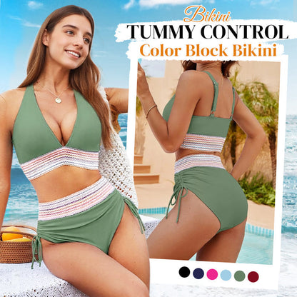 😍👙High Waisted Tummy Control Color Block Bikini Sets