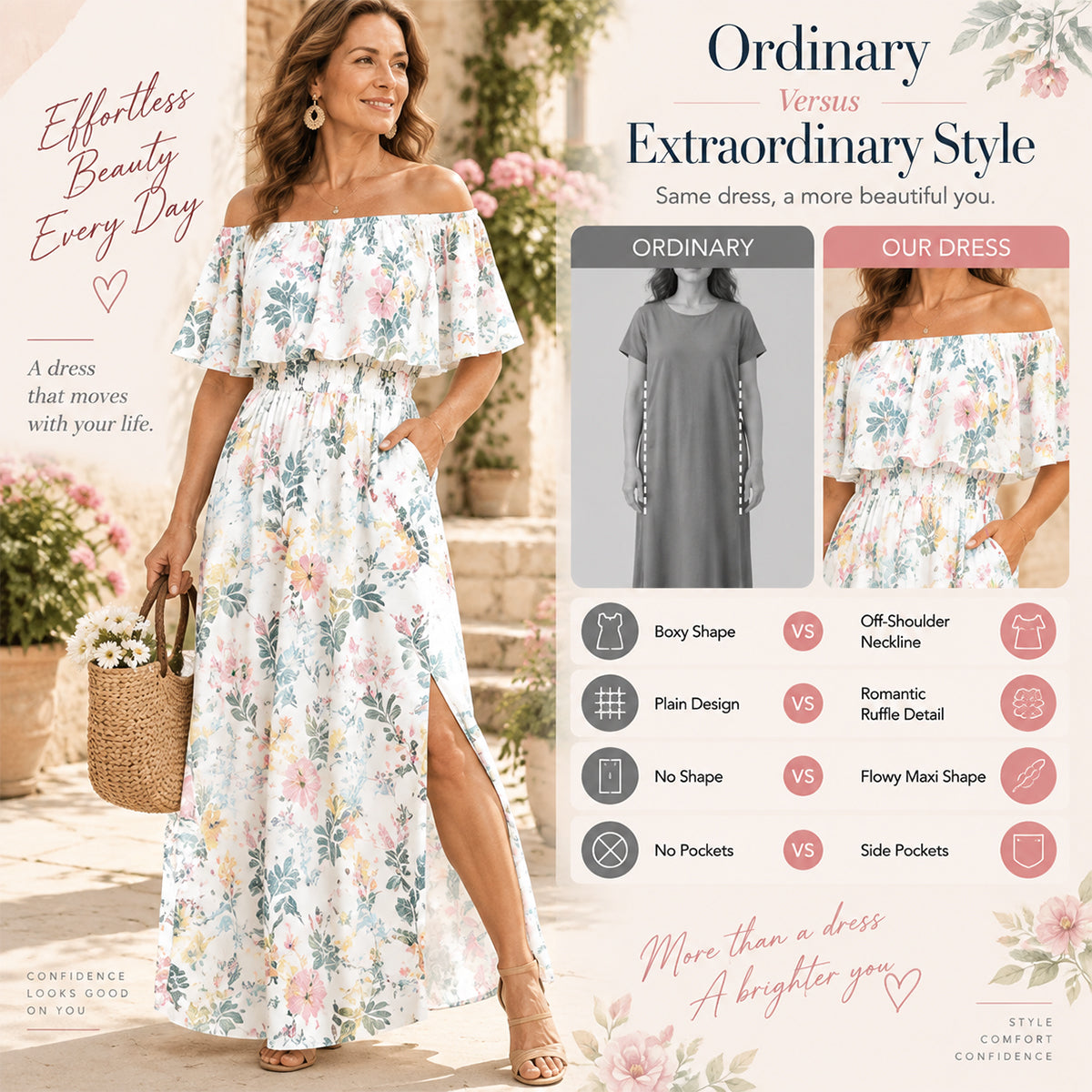👗Women's Off-Shoulder Ruffled Side-Slit Maxi Dress with Pockets