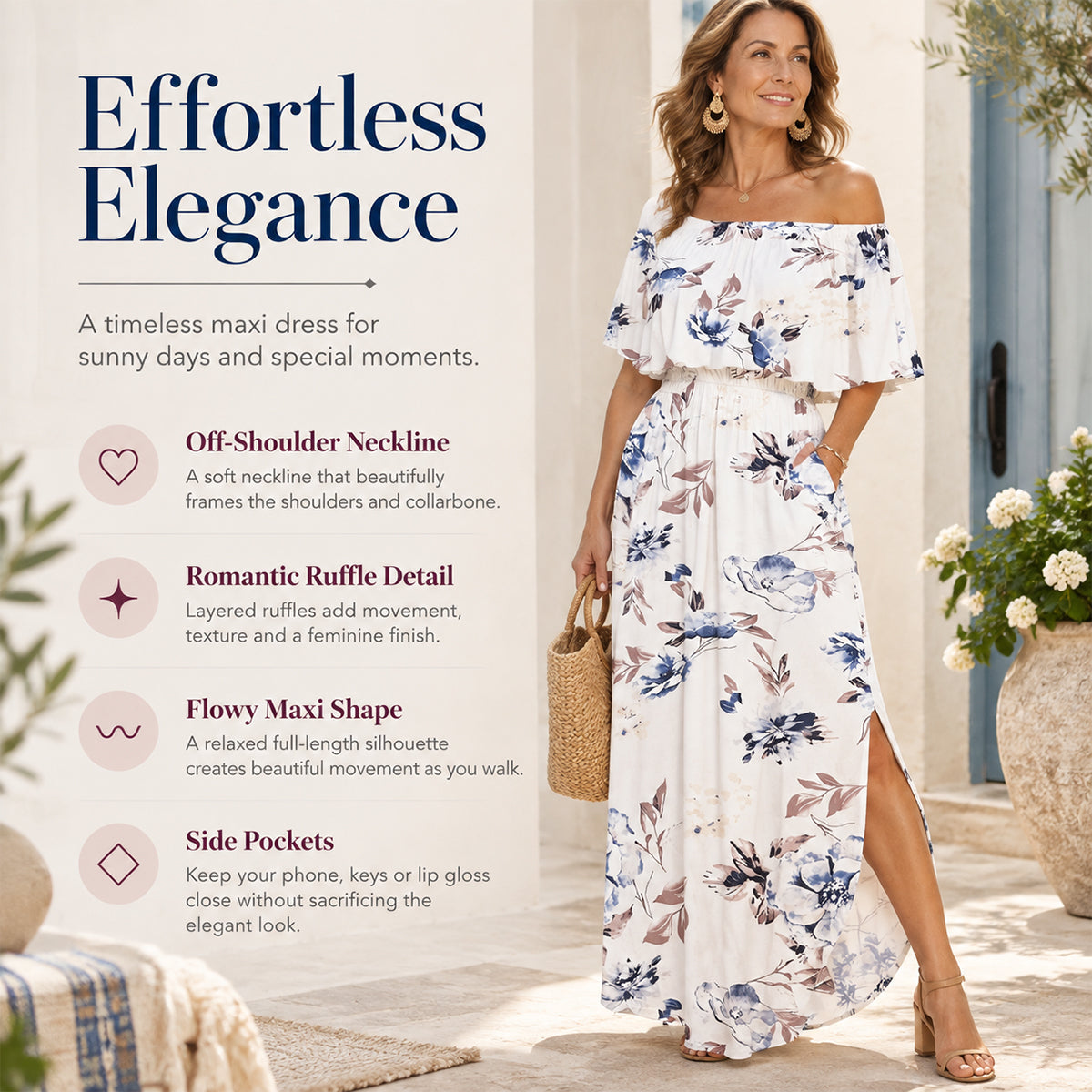 👗Women's Off-Shoulder Ruffled Side-Slit Maxi Dress with Pockets