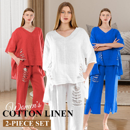 💥Last Day 50% OFF💥Women's Cotton Linen V-Neck 2-Piece Set